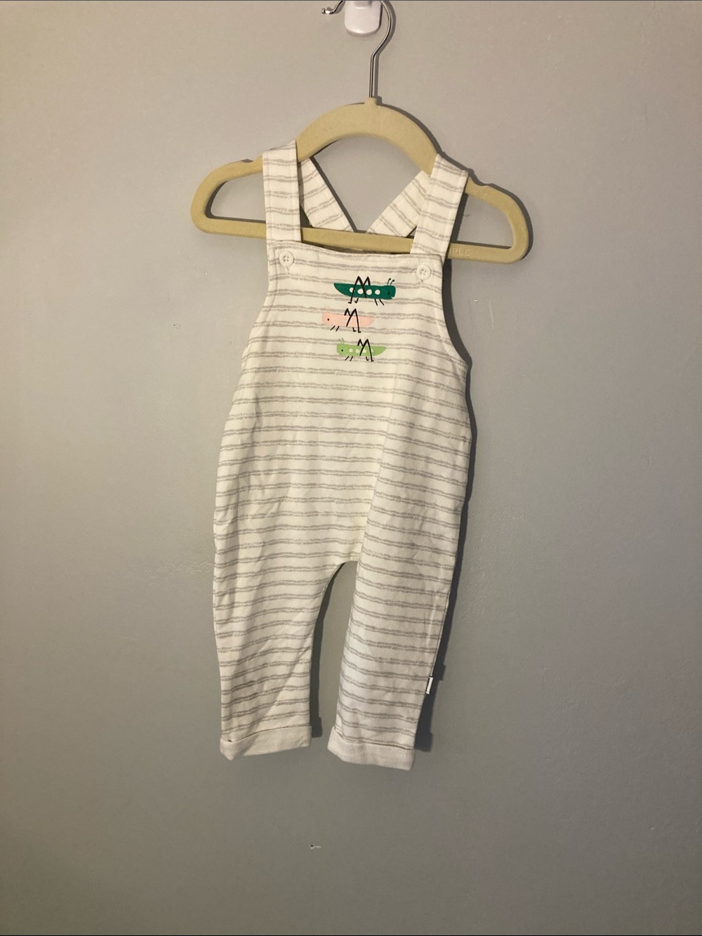 Petit Lem White & Gray Striped Toddler Overalls with crickets